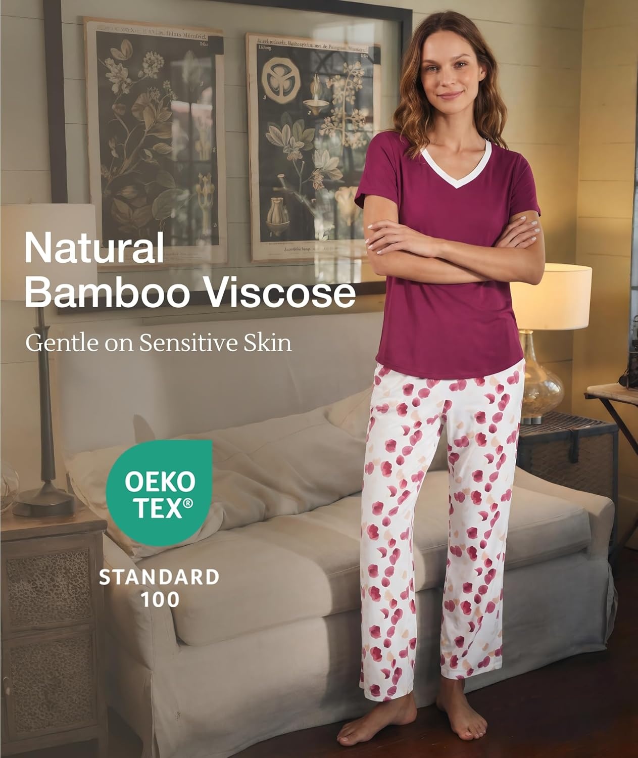 image:imageGYS Womens Bamboo Viscose Pajama Sets Cooling Short Sleeve Sleepwear for Hot Sleepers Silky Soft Summer Vneck Lounge PjsPurplish Red