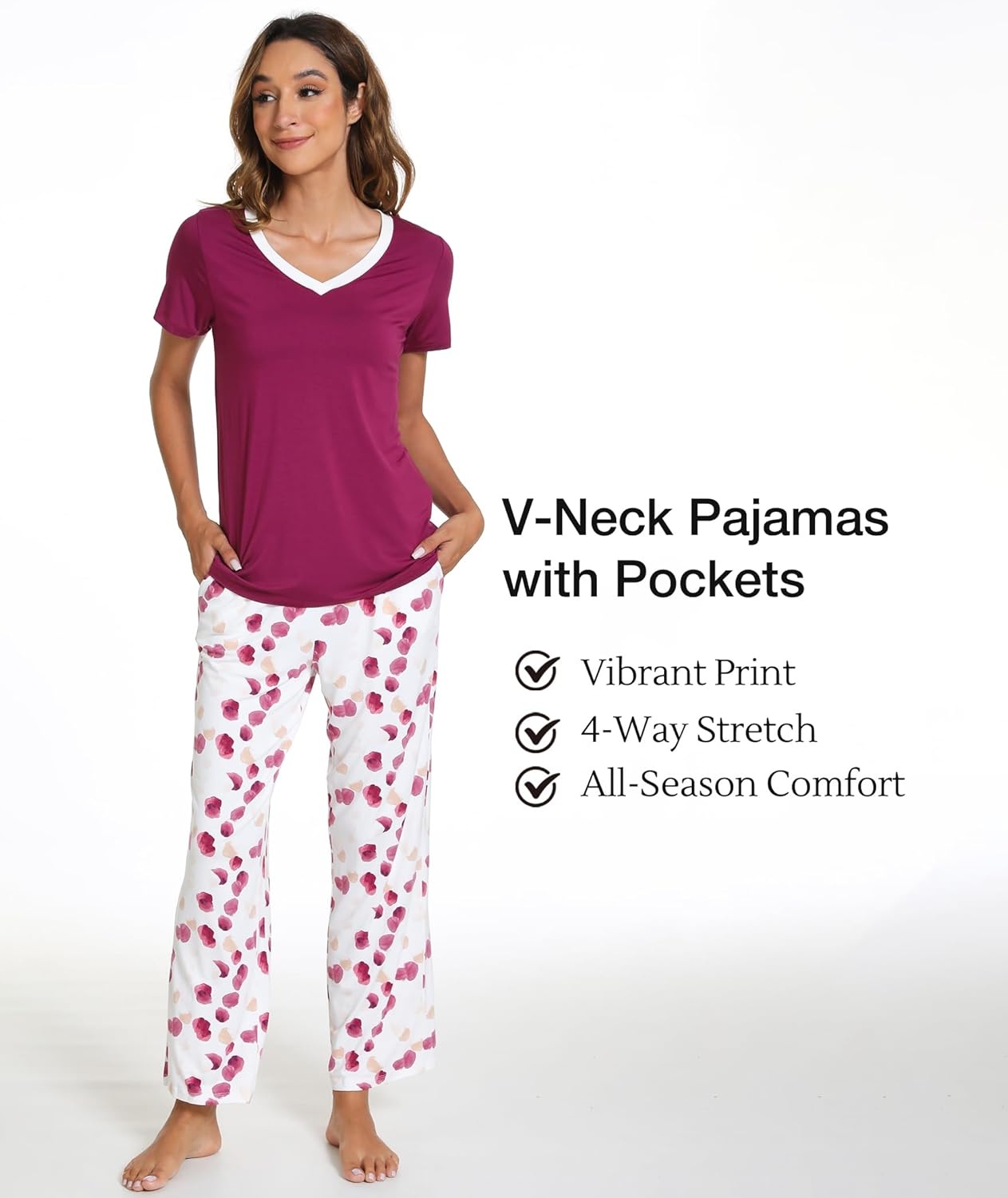 image:imageGYS Womens Bamboo Viscose Pajama Sets Cooling Short Sleeve Sleepwear for Hot Sleepers Silky Soft Summer Vneck Lounge PjsPurplish Red
