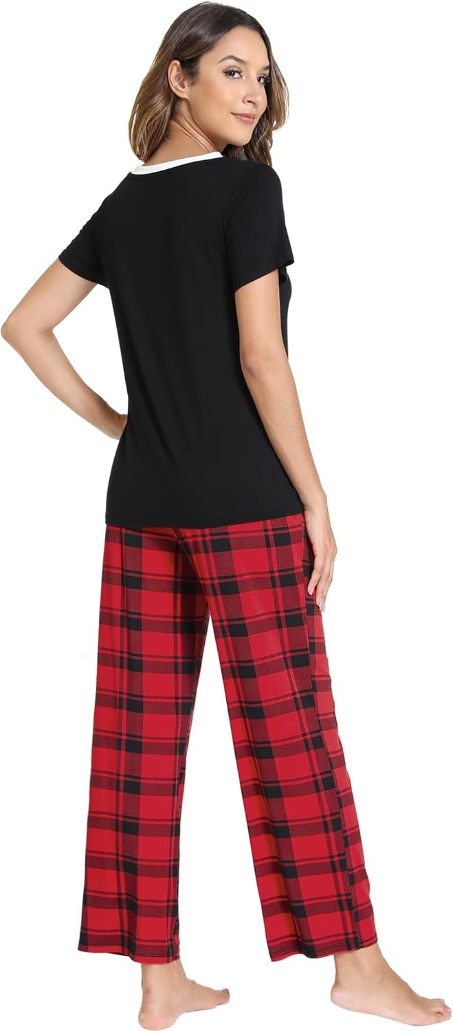 image:imageGYS Womens Bamboo Viscose Pajama Sets Cooling Short Sleeve Sleepwear for Hot Sleepers Silky Soft Summer Vneck Lounge PjsRed Plaid