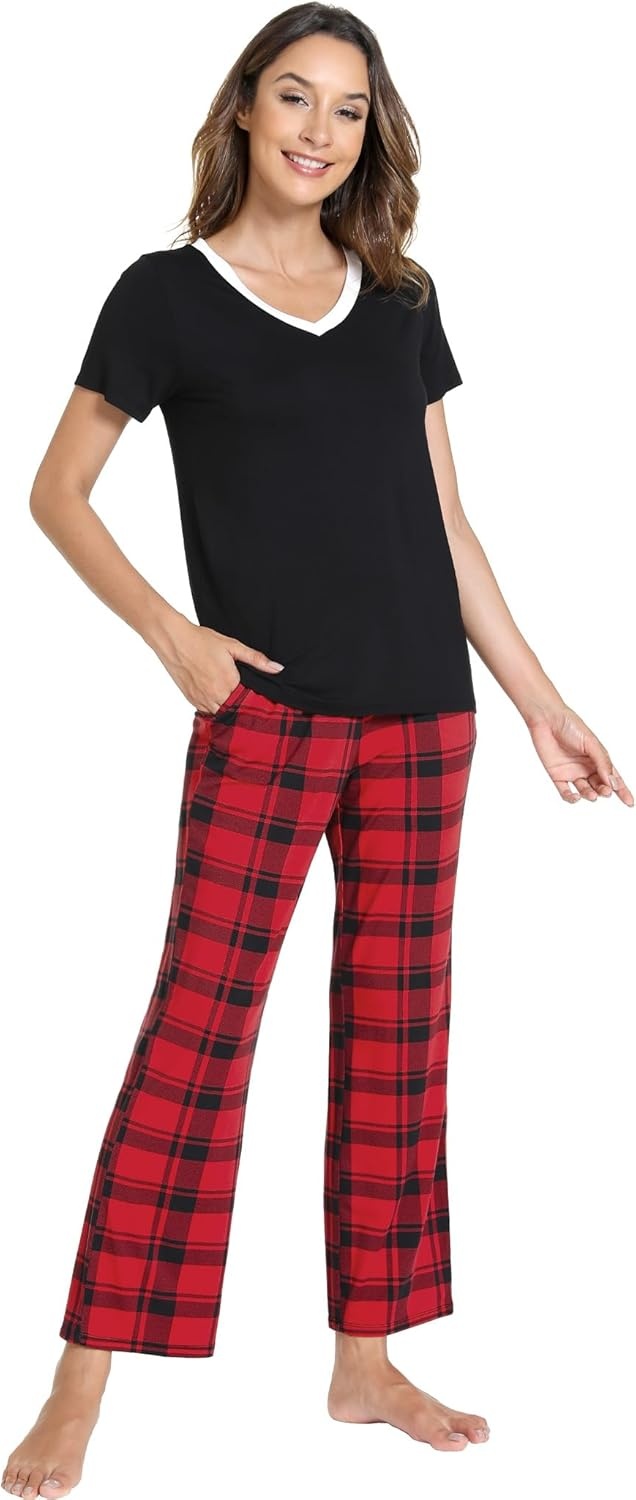 image:imageGYS Womens Bamboo Viscose Pajama Sets Cooling Short Sleeve Sleepwear for Hot Sleepers Silky Soft Summer Vneck Lounge PjsRed Plaid