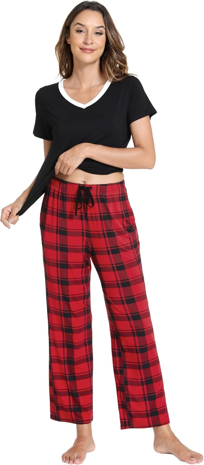 image:imageGYS Womens Bamboo Viscose Pajama Sets Cooling Short Sleeve Sleepwear for Hot Sleepers Silky Soft Summer Vneck Lounge PjsRed Plaid