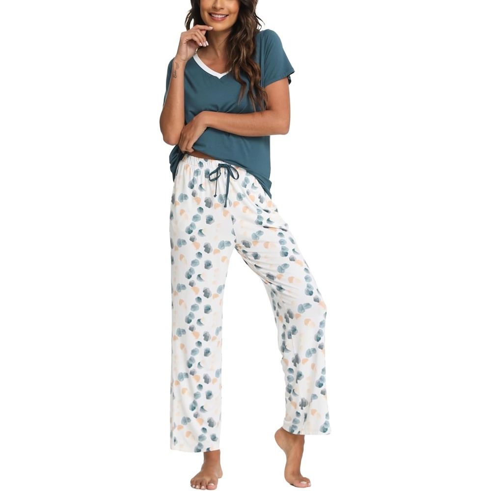 image:imageGYS Womens Bamboo Viscose Pajama Sets Cooling Short Sleeve Sleepwear for Hot Sleepers Silky Soft Summer Vneck Lounge PjsGreen