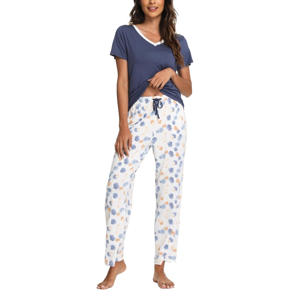 image:imageGYS Womens Bamboo Viscose Pajama Sets Cooling Short Sleeve Sleepwear for Hot Sleepers Silky Soft Summer Vneck Lounge PjsIndigo Blue