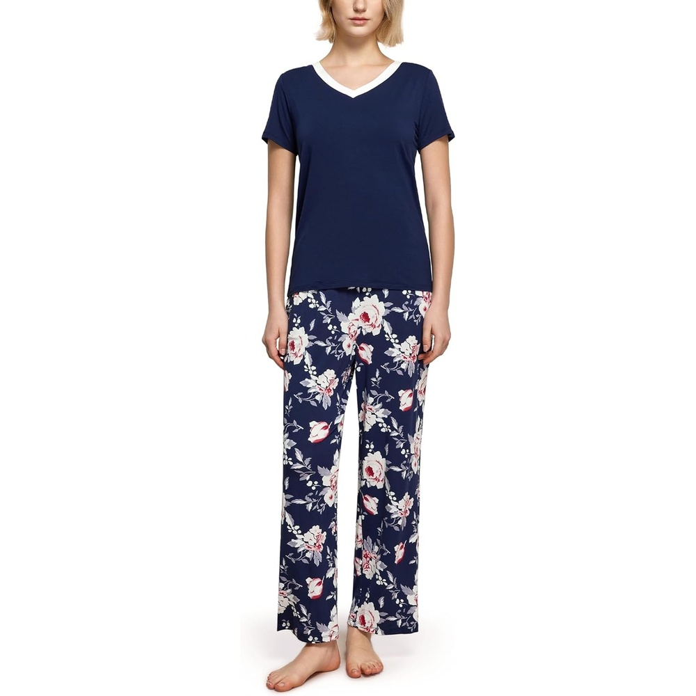 image:imageGYS Womens Bamboo Viscose Pajama Sets Cooling Short Sleeve Sleepwear for Hot Sleepers Silky Soft Summer Vneck Lounge PjsNavy Peony