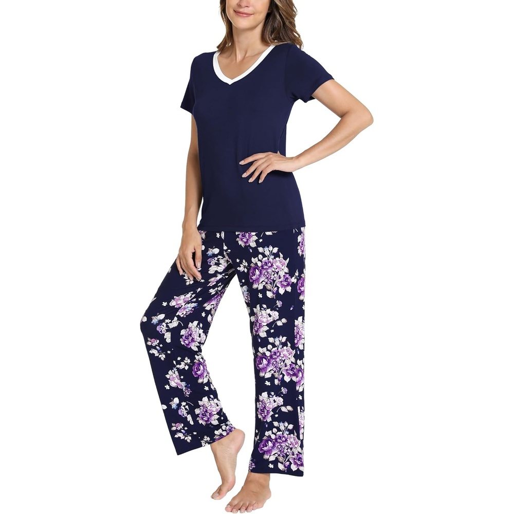 image:imageGYS Womens Bamboo Viscose Pajama Sets Cooling Short Sleeve Sleepwear for Hot Sleepers Silky Soft Summer Vneck Lounge PjsPurple Floral