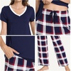 GYS Women’s Bamboo Viscose Pajama Sets, Cooling Short Sleeve Sleepwear for Hot Sleepers, Silky Soft Summer V-neck Lounge Pjs(Navy Red Plaid)