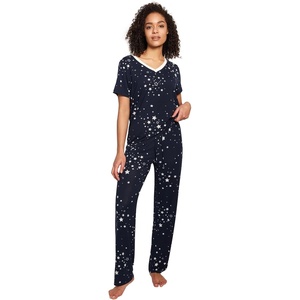 GYS Women’s Bamboo Viscose Pajama Sets, Cooling Short Sleeve Sleepwear for Hot Sleepers, Silky Soft Summer V-neck Lounge Pjs(Blue Stars)