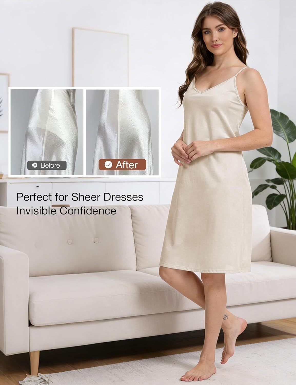 image:imageGYS Full Slip for Women Under Dress Non Cling AntiStatic Adjustable Spaghetti Strap Basic Cami Slip Dress Beige XLarge