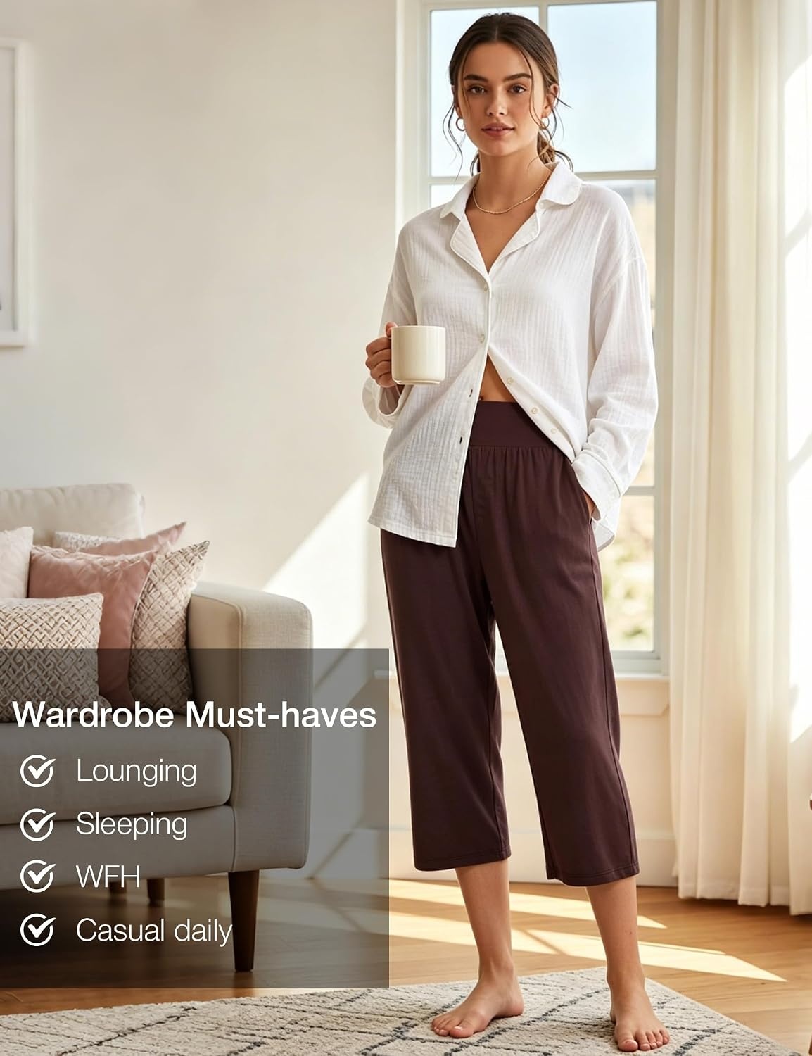 image:imageGYS Bamboo Viscose Womens Pajama Bottoms High Waist Capri Lounge Pants with PocketsDark Brown