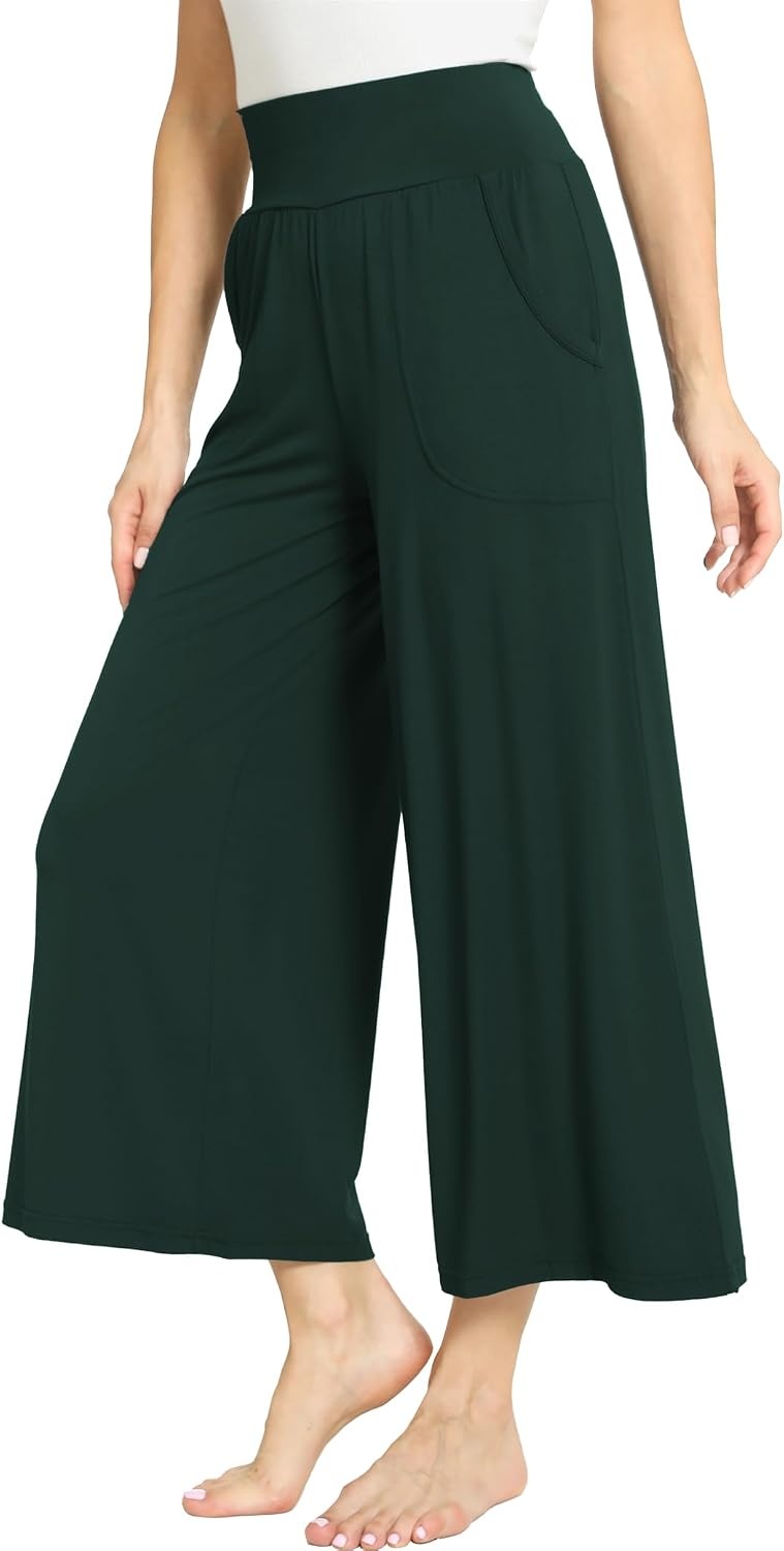 image:imageGYS Bamboo Viscose Wide Leg Gaucho Cropped Pants High Waist Capris CloudSoft Pajama Pants with Pockets Flowy Yoga PantsGreen