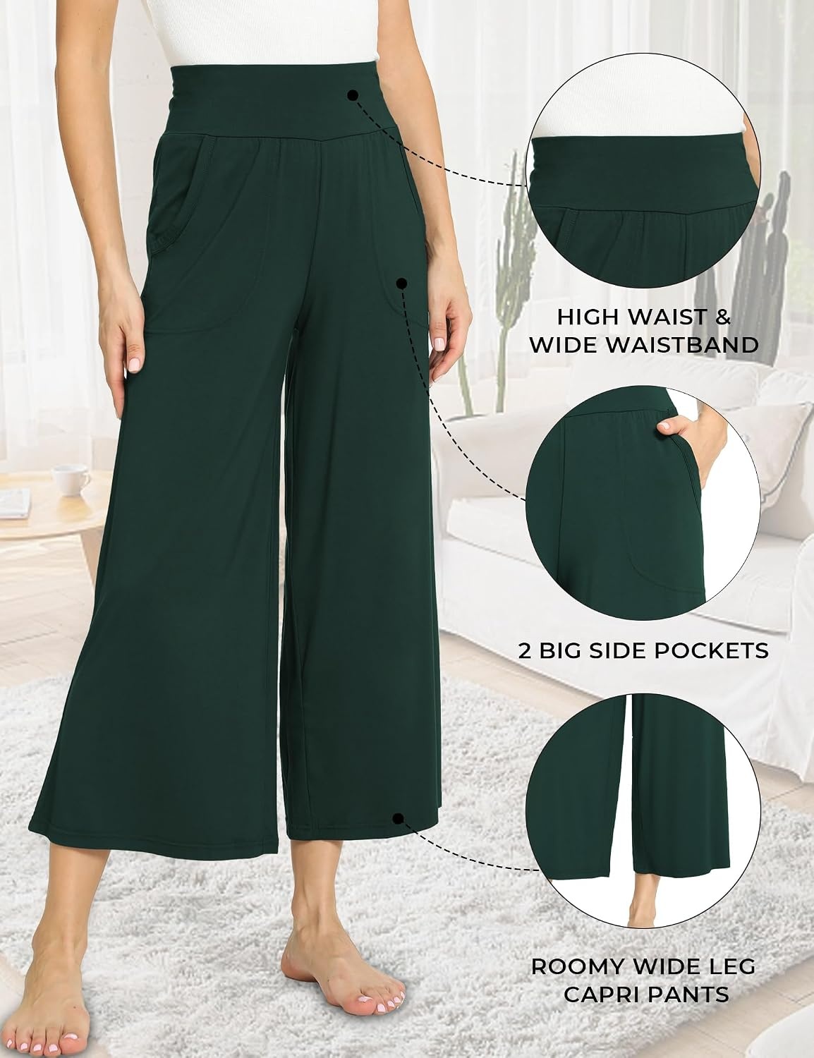 image:imageGYS Bamboo Viscose Wide Leg Gaucho Cropped Pants High Waist Capris CloudSoft Pajama Pants with Pockets Flowy Yoga PantsGreen