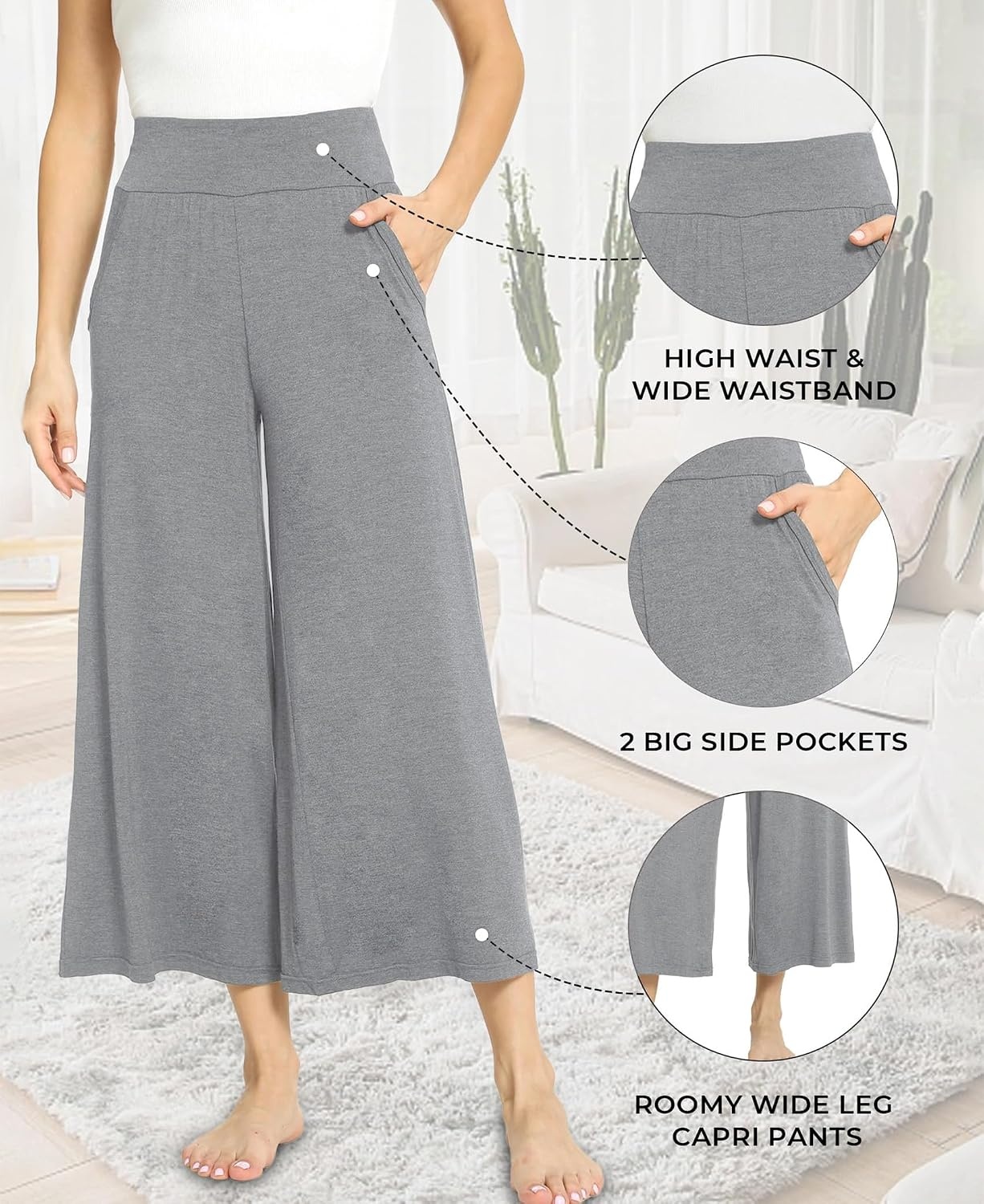 image:imageGYS Bamboo Viscose Wide Leg Gaucho Cropped Pants High Waist Capris CloudSoft Pajama Pants with Pockets Flowy Yoga PantsHeather Grey