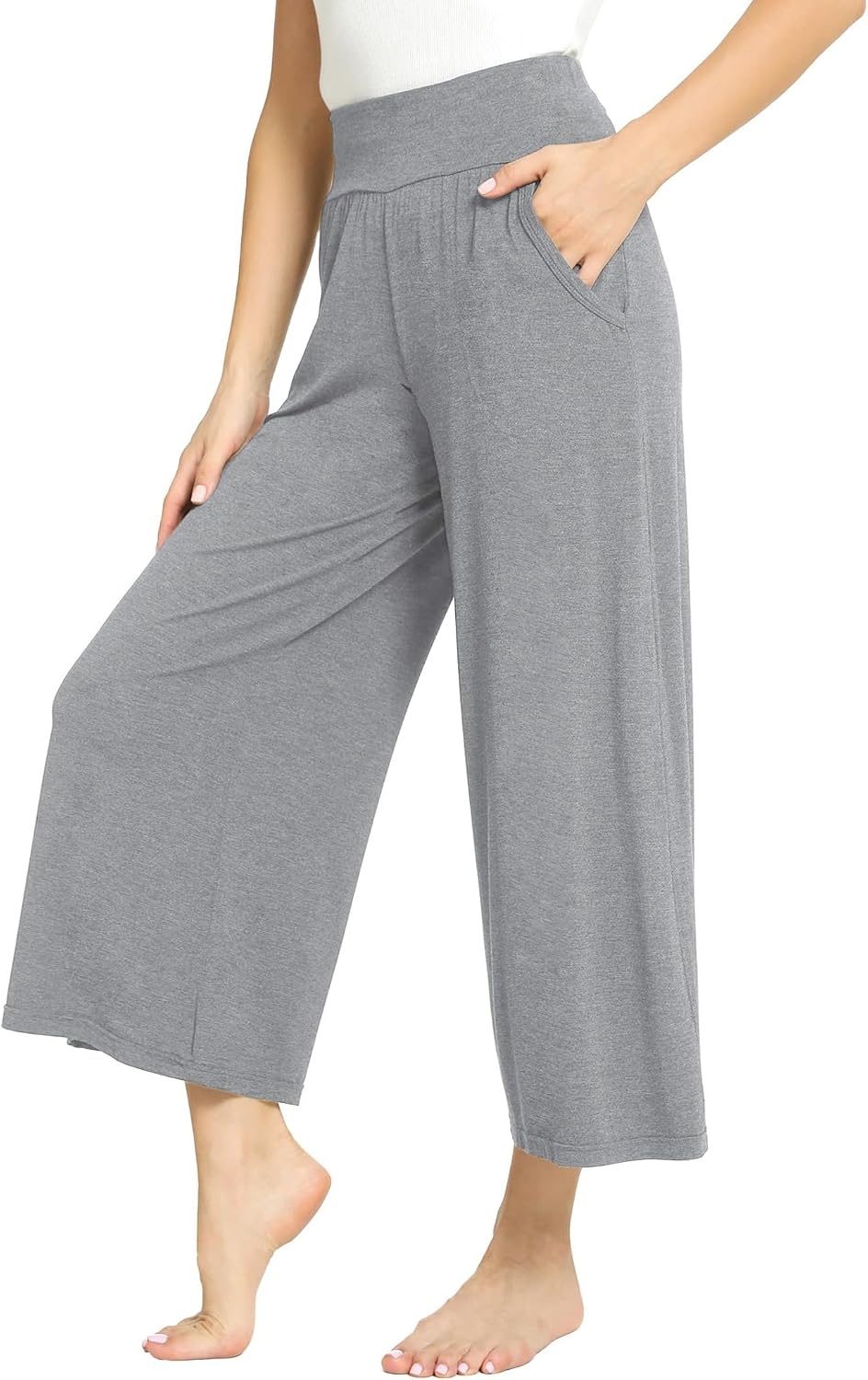 image:imageGYS Bamboo Viscose Wide Leg Gaucho Cropped Pants High Waist Capris CloudSoft Pajama Pants with Pockets Flowy Yoga PantsHeather Grey