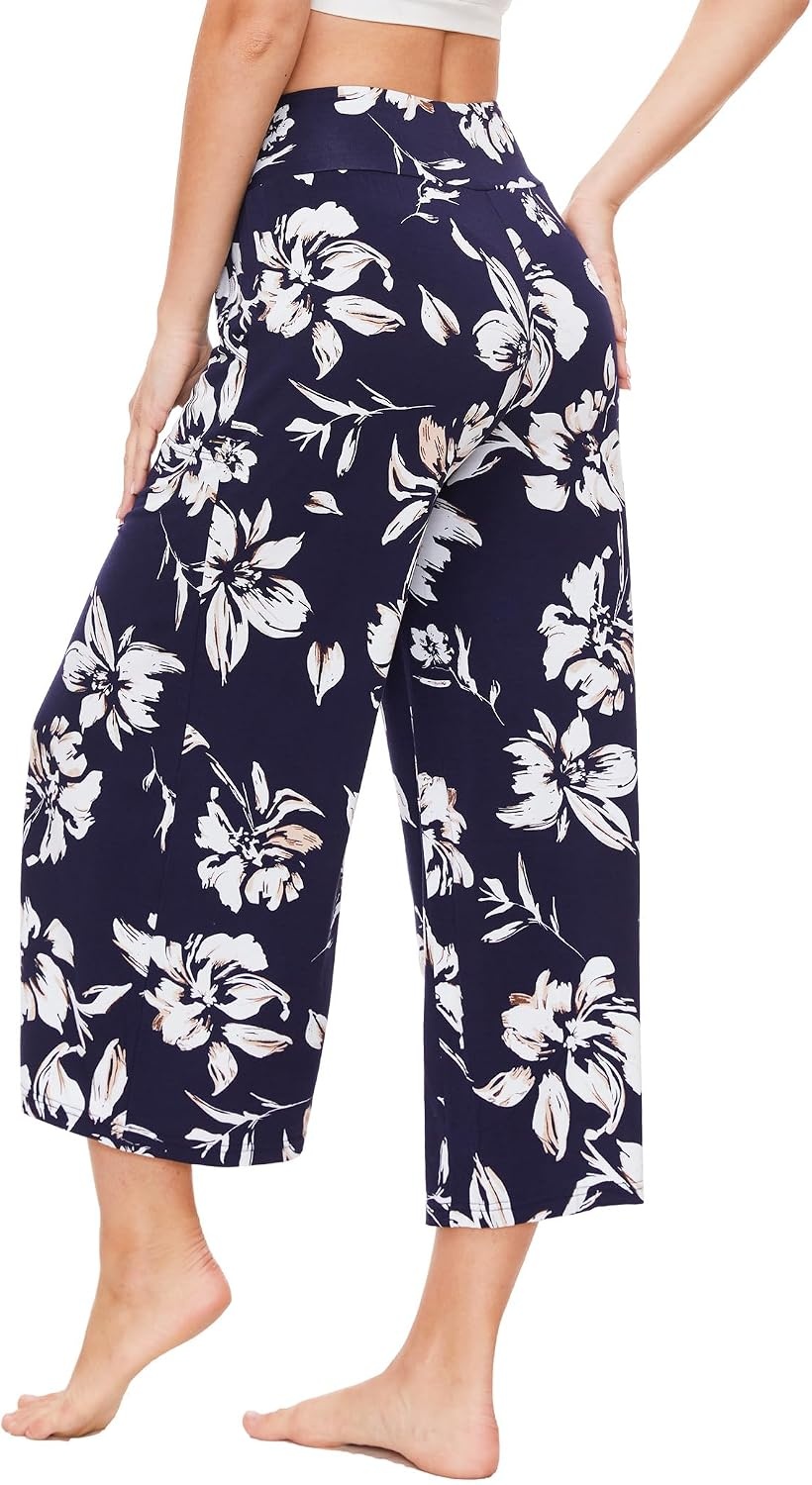 image:imageGYS Bamboo Viscose Wide Leg Gaucho Cropped Pants High Waist Capris CloudSoft Pajama Pants with Pockets Flowy Yoga PantsNavy Floral