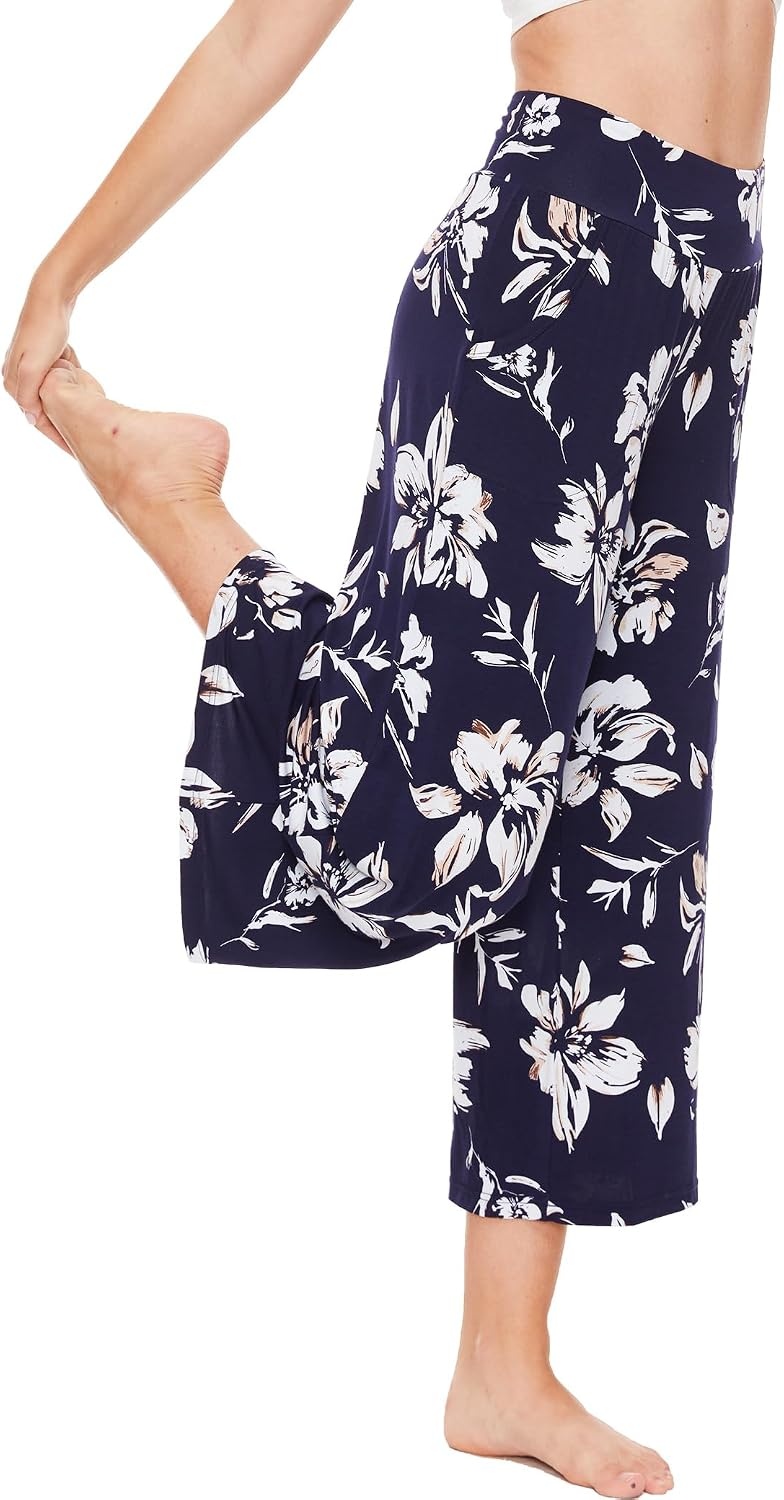 image:imageGYS Bamboo Viscose Wide Leg Gaucho Cropped Pants High Waist Capris CloudSoft Pajama Pants with Pockets Flowy Yoga PantsNavy Floral