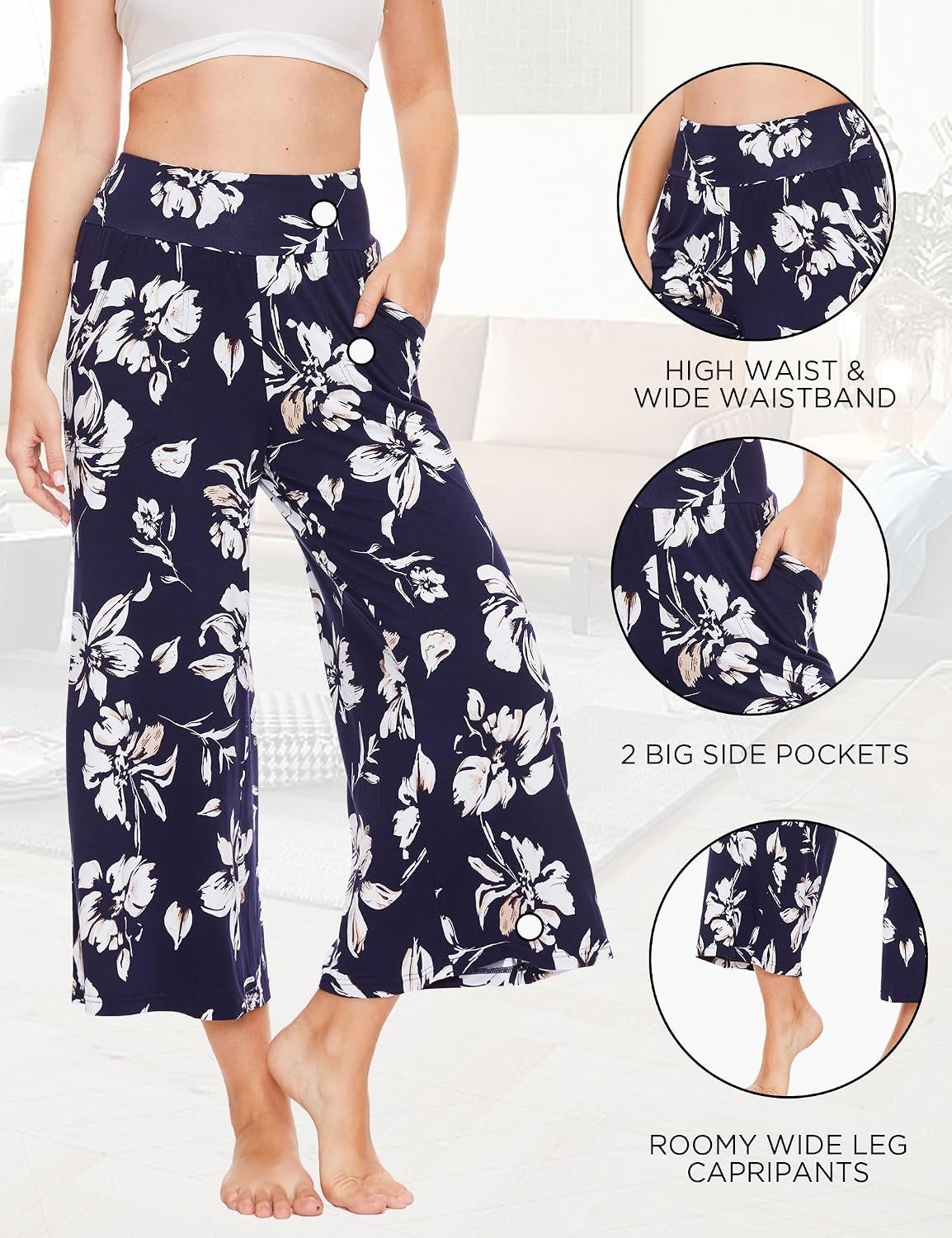 image:imageGYS Bamboo Viscose Wide Leg Gaucho Cropped Pants High Waist Capris CloudSoft Pajama Pants with Pockets Flowy Yoga PantsNavy Floral