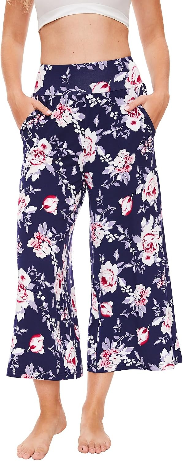 image:imageGYS Bamboo Viscose Wide Leg Gaucho Cropped Pants High Waist Capris CloudSoft Pajama Pants with Pockets Flowy Yoga PantsNavy Peony