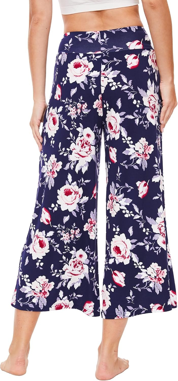 image:imageGYS Bamboo Viscose Wide Leg Gaucho Cropped Pants High Waist Capris CloudSoft Pajama Pants with Pockets Flowy Yoga PantsNavy Peony