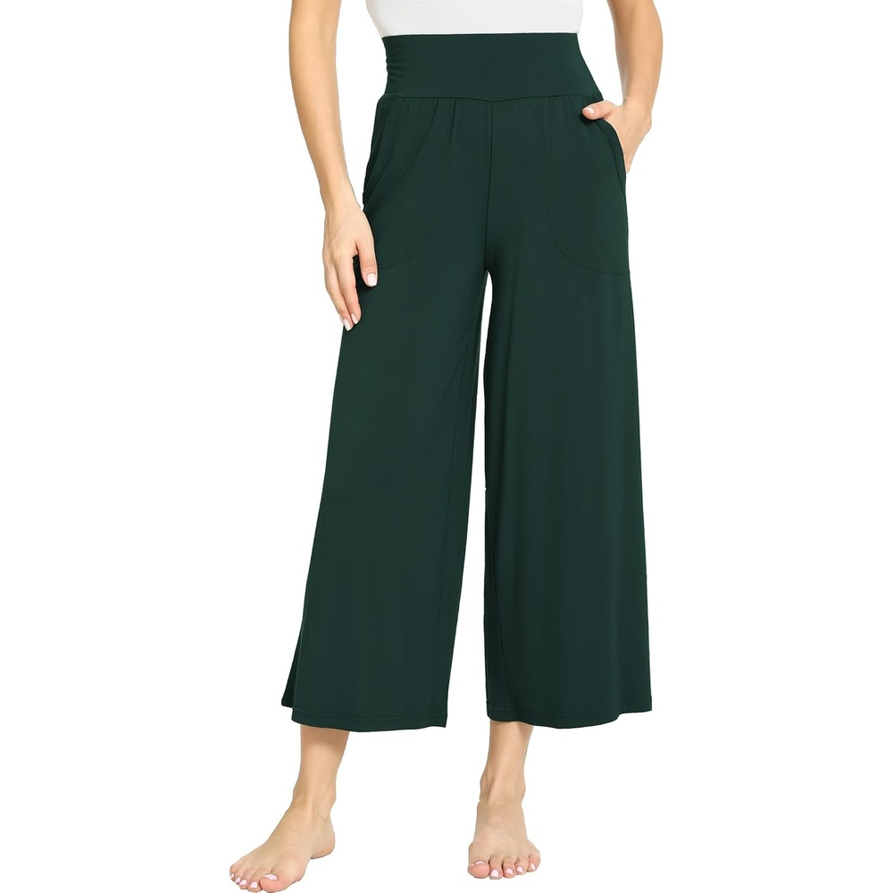image:imageGYS Bamboo Viscose Wide Leg Gaucho Cropped Pants High Waist Capris CloudSoft Pajama Pants with Pockets Flowy Yoga PantsGreen
