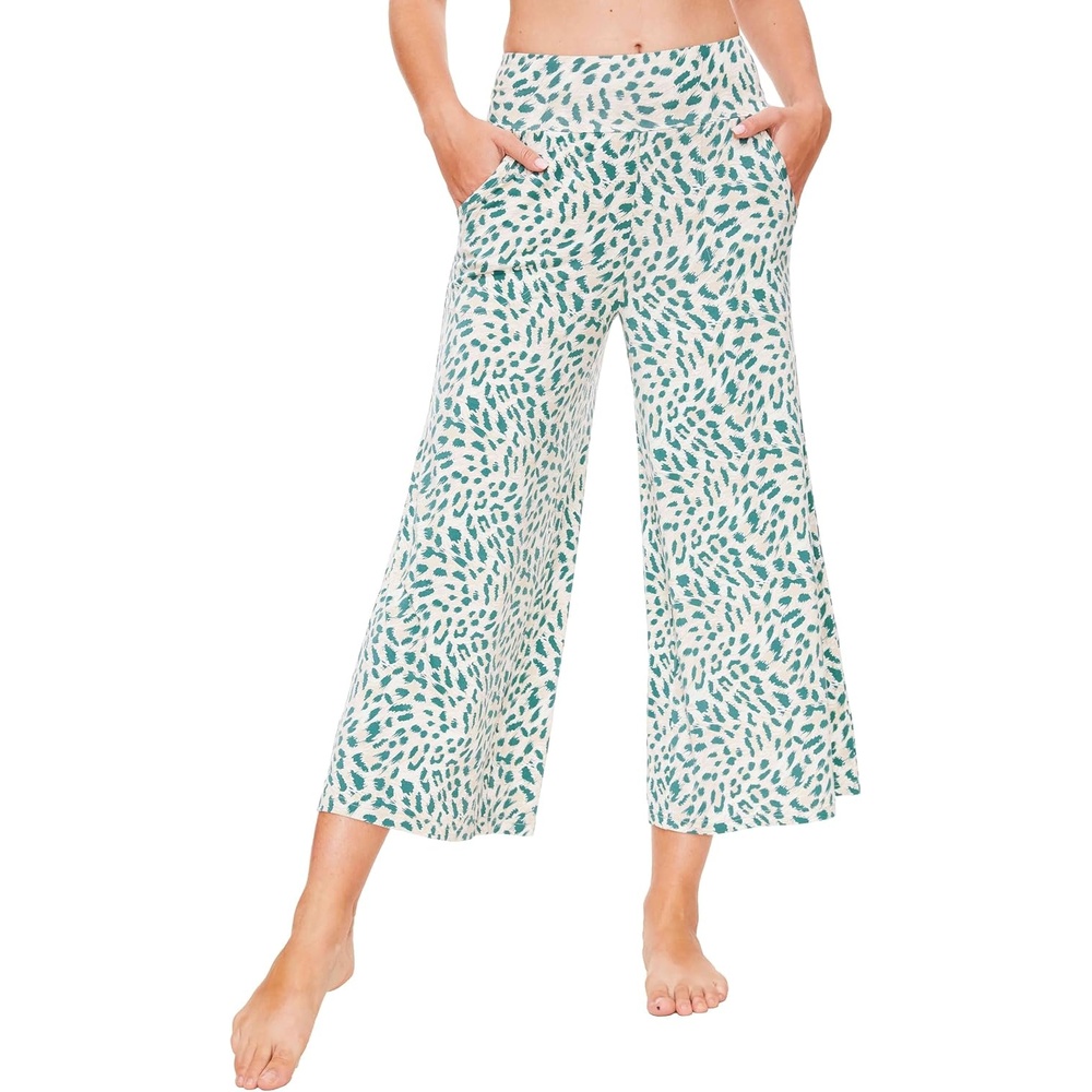 image:imageGYS Bamboo Viscose Wide Leg Gaucho Cropped Pants High Waist Capris CloudSoft Pajama Pants with Pockets Flowy Yoga PantsGreen Leopard