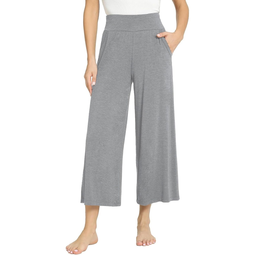 image:imageGYS Bamboo Viscose Wide Leg Gaucho Cropped Pants High Waist Capris CloudSoft Pajama Pants with Pockets Flowy Yoga PantsHeather Grey