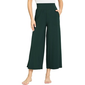 GYS Bamboo Viscose Wide Leg Gaucho Cropped Pants, High Waist Capris Cloud-Soft Pajama Pants with Pockets, Flowy Yoga Pants(Green)