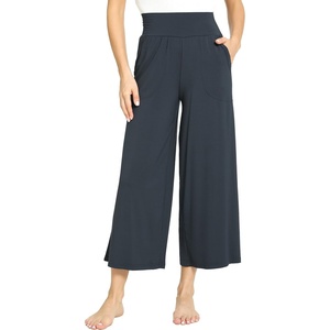 GYS Bamboo Viscose Wide Leg Gaucho Cropped Pants, High Waist Capris Cloud-Soft Pajama Pants with Pockets, Flowy Yoga Pants(Midnight Navy)