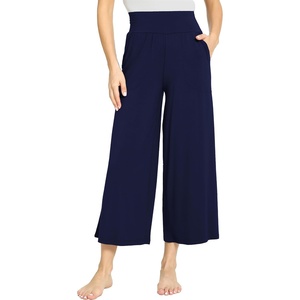 GYS Bamboo Viscose Wide Leg Gaucho Cropped Pants, High Waist Capris Cloud-Soft Pajama Pants with Pockets, Flowy Yoga Pants(Navy)