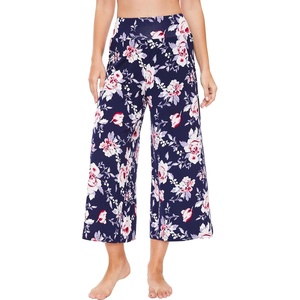 GYS Bamboo Viscose Wide Leg Gaucho Cropped Pants, High Waist Capris Cloud-Soft Pajama Pants with Pockets, Flowy Yoga Pants(Navy Peony)