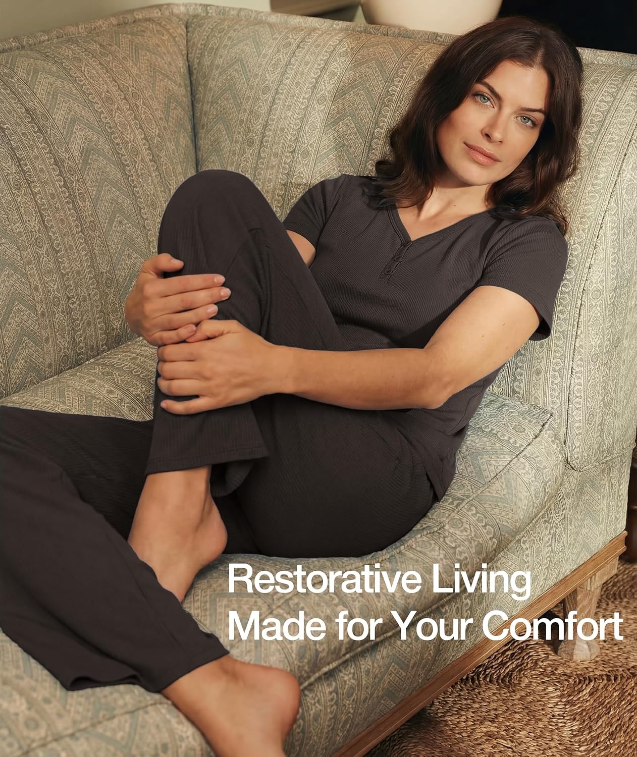 image:imageGYS Bamboo Viscose Pajamas for Women Set 2 Piece Butterysoft Loungewear Pjs Set Comfy Henley Neck Tshirt and Pants OutfitsChocolate