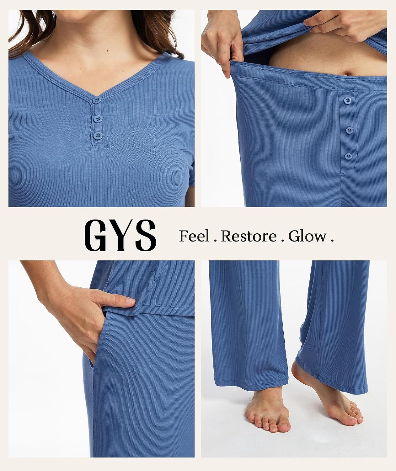 image:imageGYS Bamboo Viscose Pajamas for Women Set 2 Piece Butterysoft Loungewear Pjs Set Comfy Henley Neck Tshirt and Pants OutfitsGrayish Blue