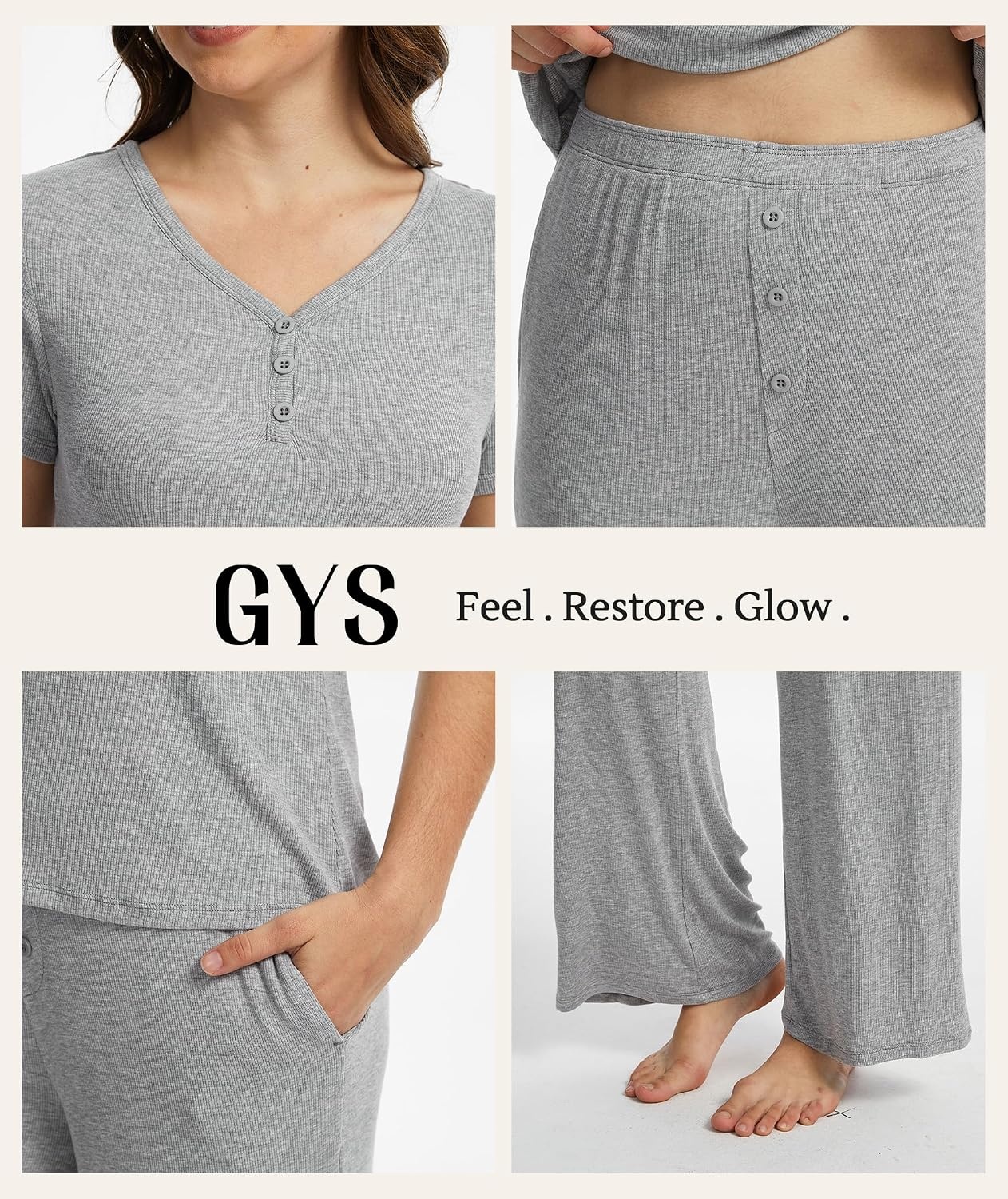 image:imageGYS Bamboo Viscose Pajamas for Women Set 2 Piece Butterysoft Loungewear Pjs Set Comfy Henley Neck Tshirt and Pants OutfitsHeather Grey