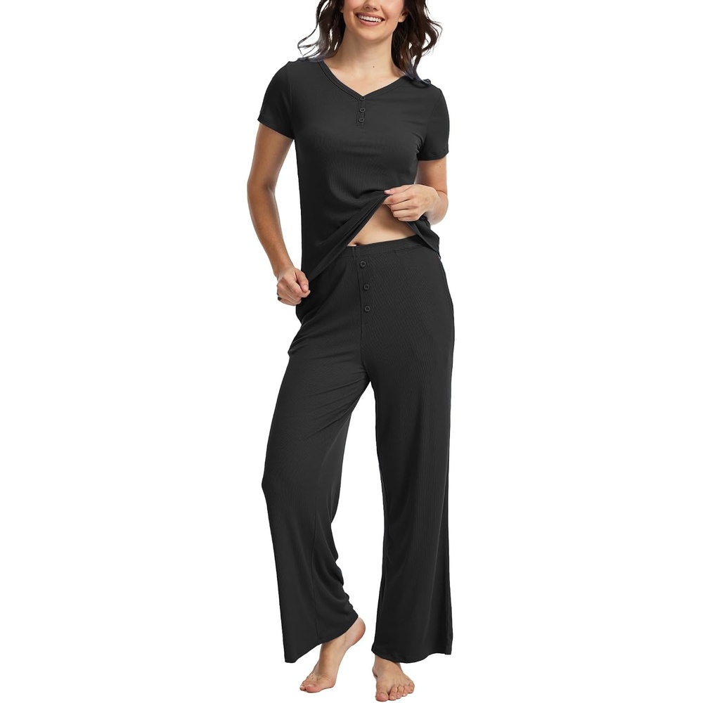 image:imageGYS Bamboo Viscose Pajamas for Women Set 2 Piece Butterysoft Loungewear Pjs Set Comfy Henley Neck Tshirt and Pants OutfitsBlack