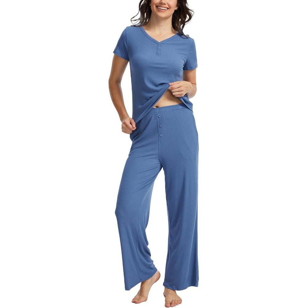 image:imageGYS Bamboo Viscose Pajamas for Women Set 2 Piece Butterysoft Loungewear Pjs Set Comfy Henley Neck Tshirt and Pants OutfitsGrayish Blue