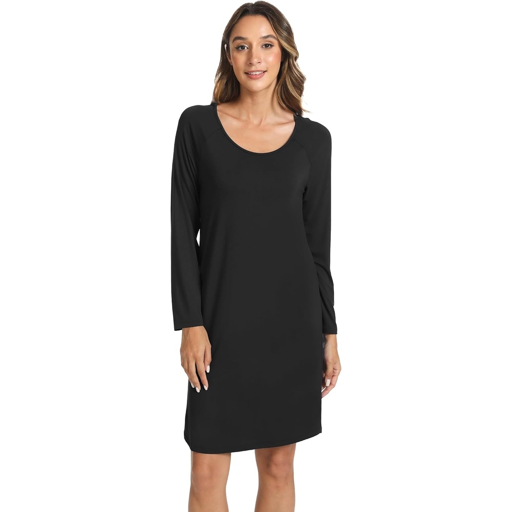 image:imageLazyCozy Bamboo Viscose Long Sleeve Nightgowns for Women MoistureWicking Sleep Dress for Hot Sleepers Night Sweats Soft Lightweight KneeLength SleepshirtsBlack