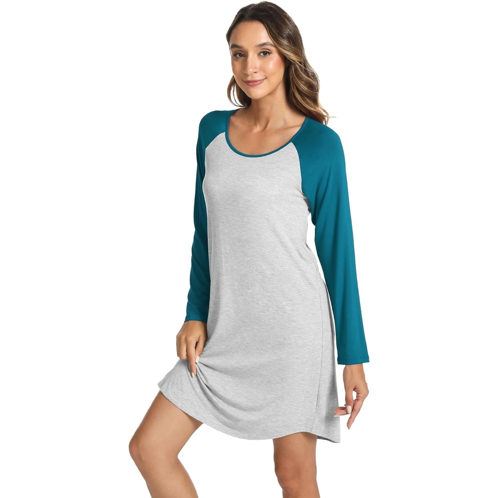 image:imageLazyCozy Bamboo Viscose Long Sleeve Nightgowns for Women MoistureWicking Sleep Dress for Hot Sleepers Night Sweats Soft Lightweight KneeLength SleepshirtsLight Heather GreyTeal Blue