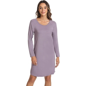 LazyCozy Bamboo Viscose Long Sleeve Nightgowns for Women | Moisture-Wicking Sleep Dress for Hot Sleepers Night Sweats, Soft Lightweight Knee-Length Sleepshirts(Violet)