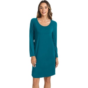 LazyCozy Bamboo Viscose Long Sleeve Nightgowns for Women | Moisture-Wicking Sleep Dress for Hot Sleepers Night Sweats, Soft Lightweight Knee-Length Sleepshirts(Teal Blue)