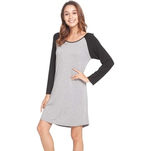 LazyCozy Bamboo Viscose Long Sleeve Nightgowns for Women | Moisture-Wicking Sleep Dress for Hot Sleepers Night Sweats, Soft Lightweight Knee-Length Sleepshirts(Heather Grey/Black)