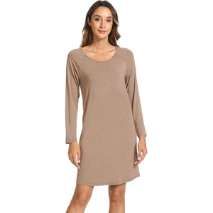 LazyCozy Bamboo Viscose Long Sleeve Nightgowns for Women | Moisture-Wicking Sleep Dress for Hot Sleepers Night Sweats, Soft Lightweight Knee-Length Sleepshirts(Camel)