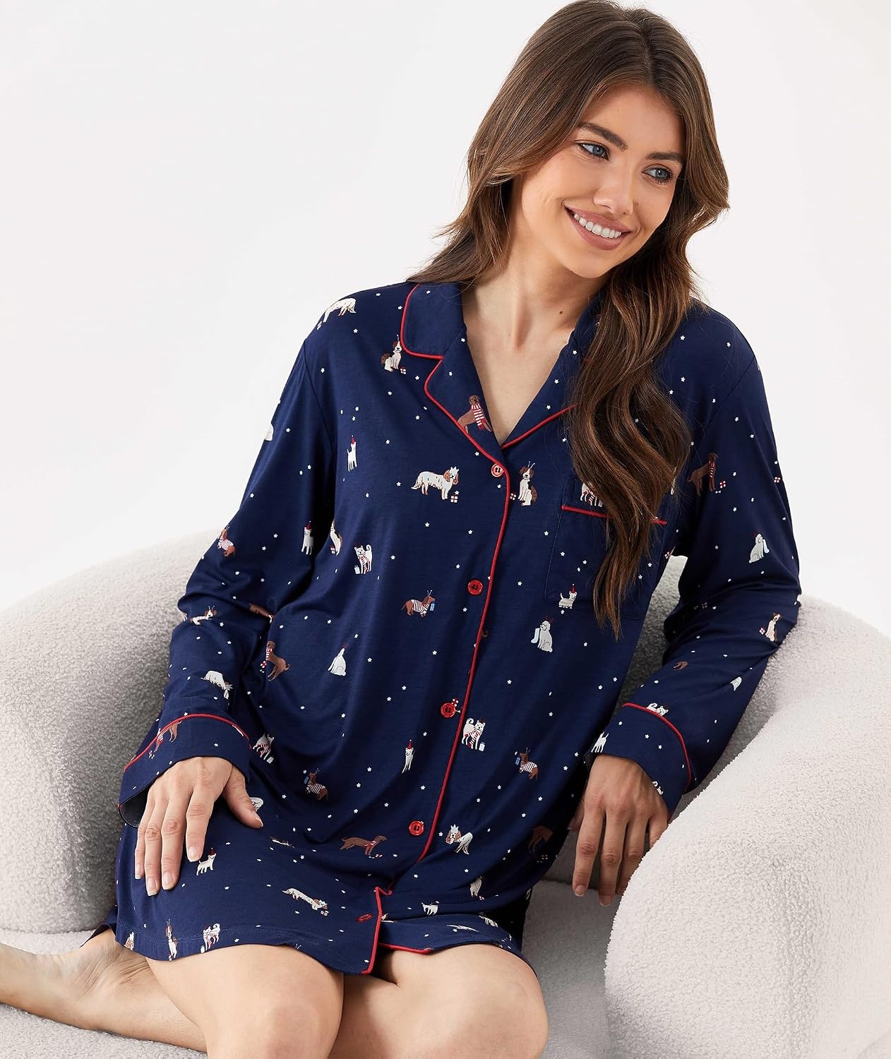 image:imageGYS Bamboo Viscose Long Sleeve Nightgowns for Women Soft Button Down Sleepshirt Notch Collar Sleep Dress MoistureWicking Sleepwear for Hot SleepersNavy Christmas Puppy