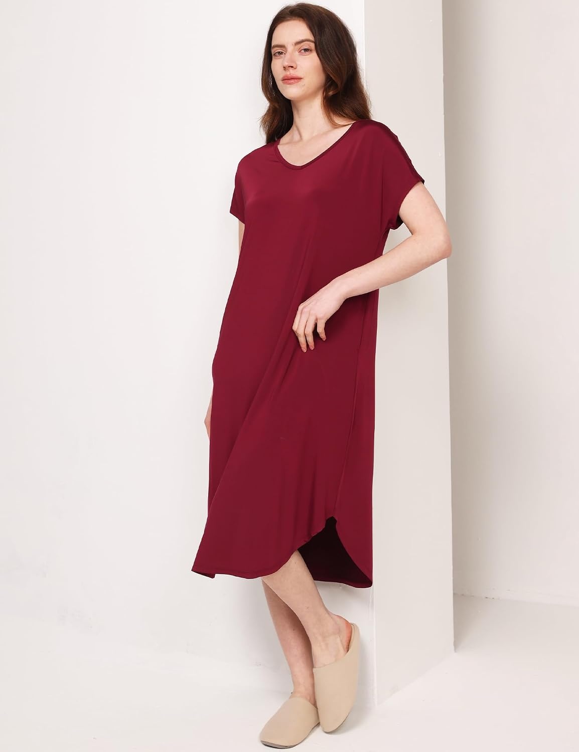 image:imageGYS Cooling Bamboo Viscose Nightgowns for Women MoistureWicking Short Sleeve Sleep Shirt for Hot Sleepers Soft V Neck Night Shirts with Pockets Summer Sleep DressWine Red
