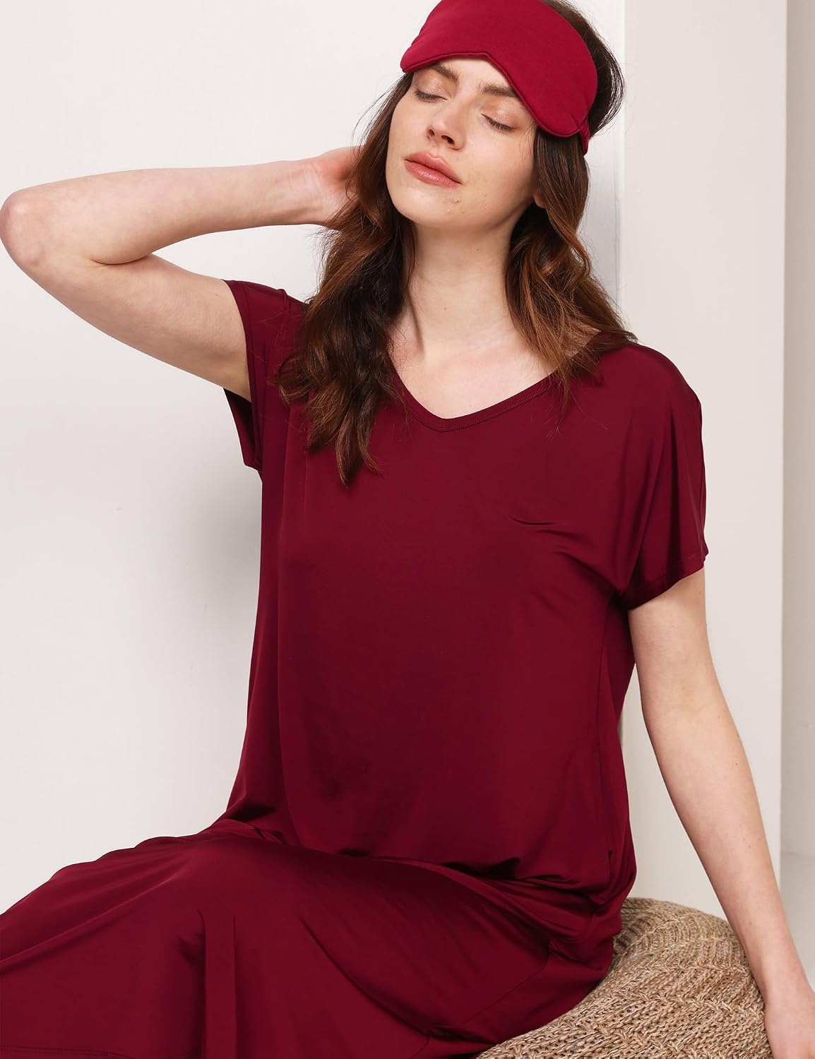 image:imageGYS Cooling Bamboo Viscose Nightgowns for Women MoistureWicking Short Sleeve Sleep Shirt for Hot Sleepers Soft V Neck Night Shirts with Pockets Summer Sleep DressWine Red