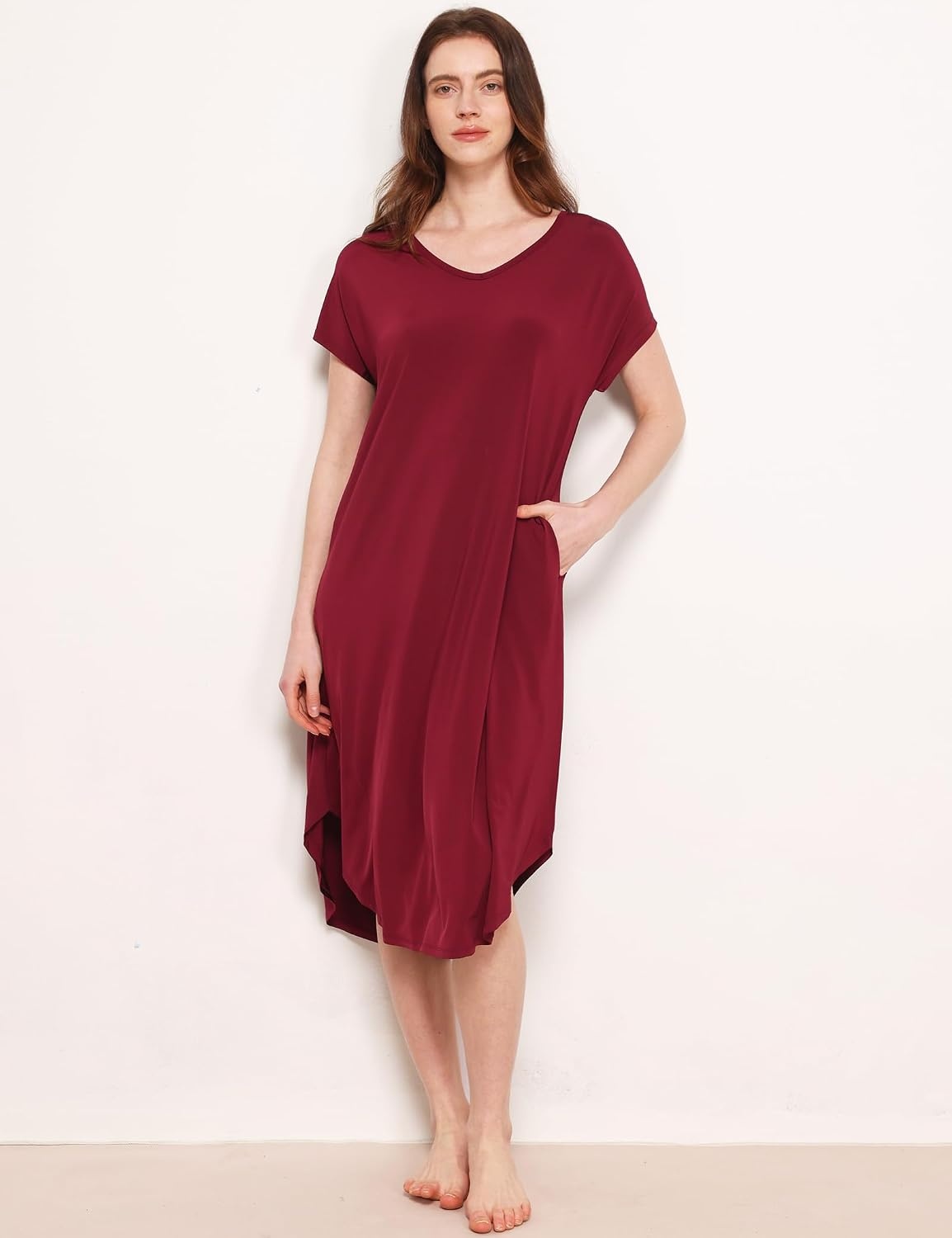 image:imageGYS Cooling Bamboo Viscose Nightgowns for Women MoistureWicking Short Sleeve Sleep Shirt for Hot Sleepers Soft V Neck Night Shirts with Pockets Summer Sleep DressWine Red