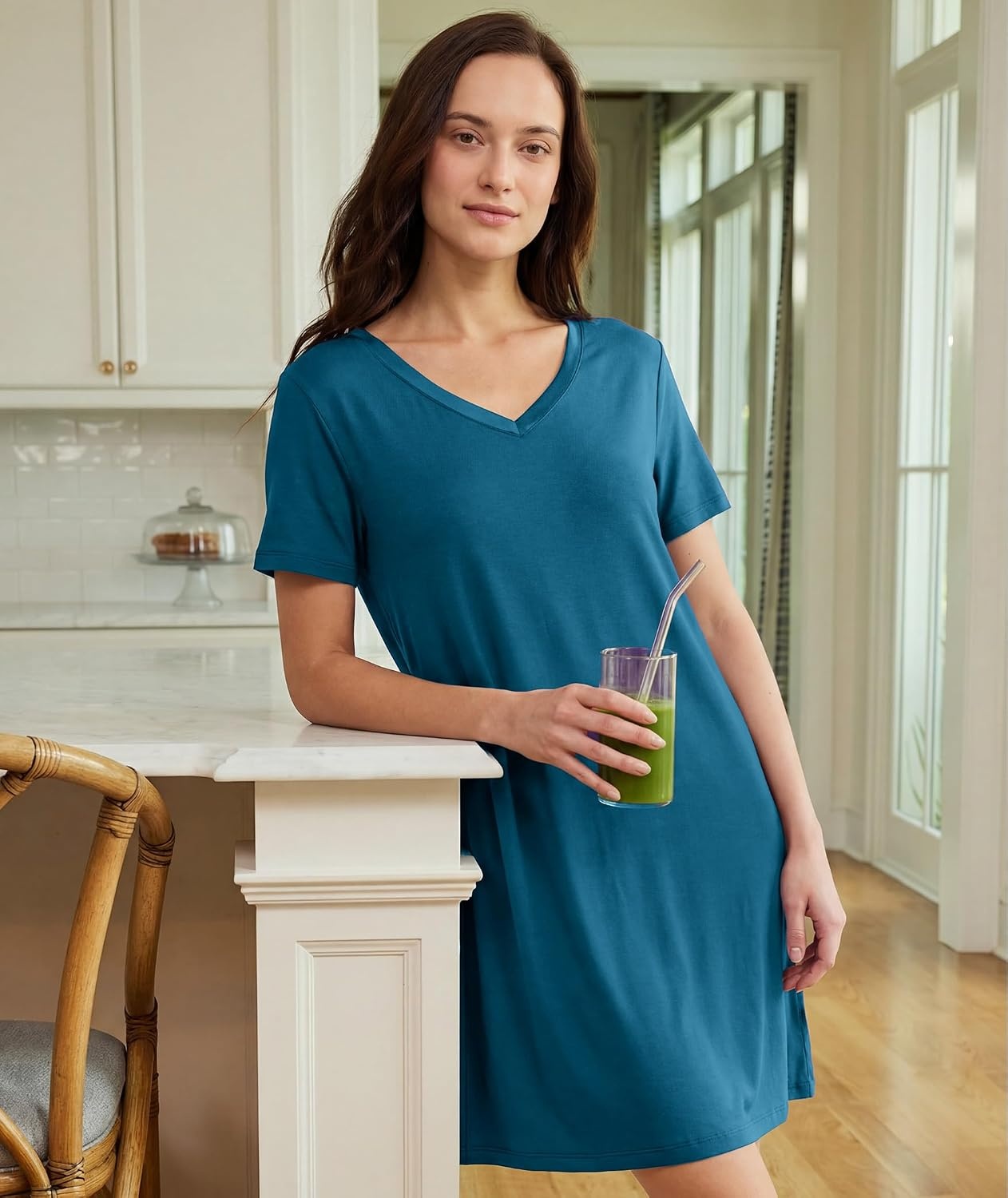 image:imageGYS Cooling Bamboo Viscose Nightgowns for Women MoistureWicking Sleep Dress for Hot Sleepers Night Sweats Soft Short Sleeve Sleepshirts with Satin VNeckTeal Blue
