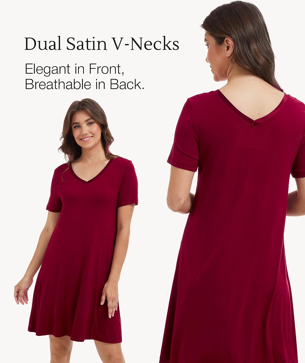 image:imageGYS Cooling Bamboo Viscose Nightgowns for Women MoistureWicking Sleep Dress for Hot Sleepers Night Sweats Soft Short Sleeve Sleepshirts with Satin VNeckWine