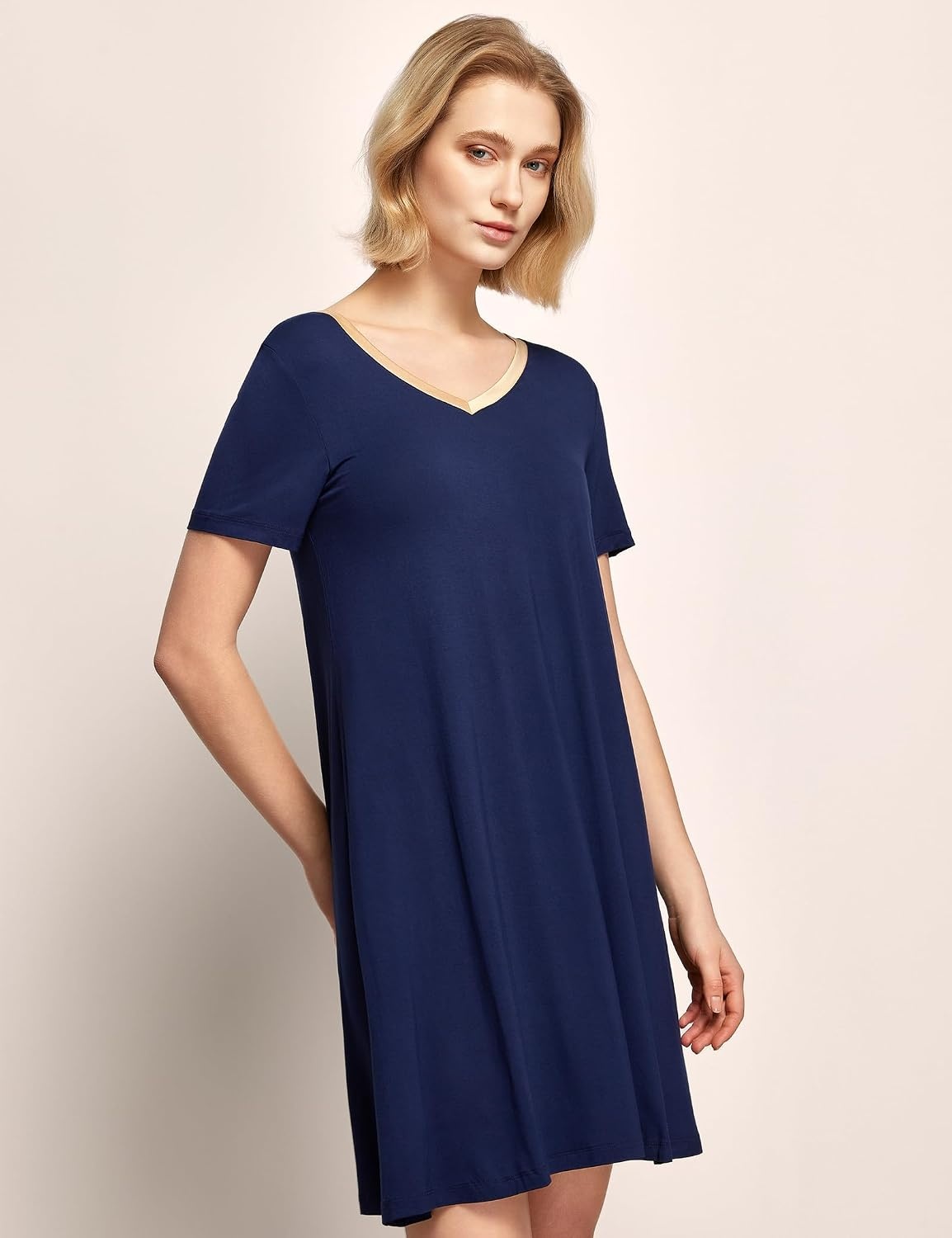 image:imageGYS Cooling Bamboo Viscose Nightgowns for Women MoistureWicking Sleep Dress for Hot Sleepers Night Sweats Soft Short Sleeve Sleepshirts with Satin VNeckNavy