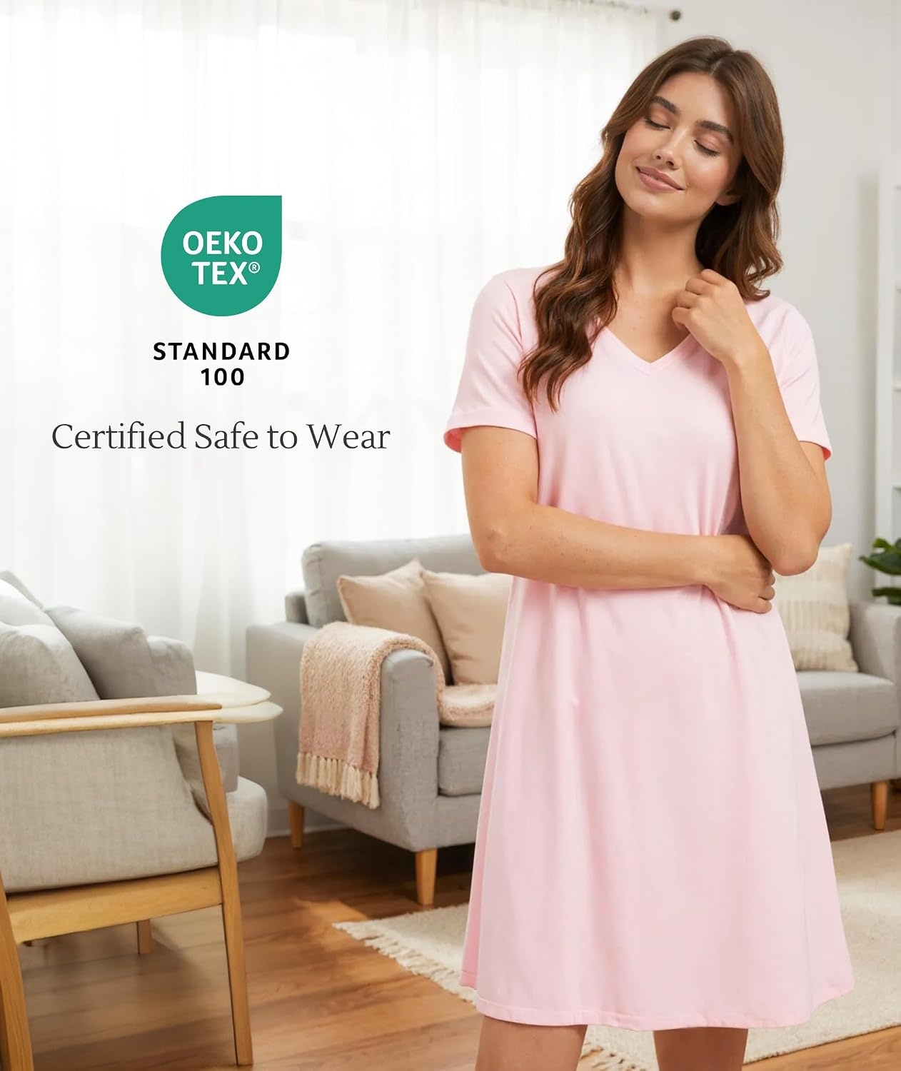 image:imageGYS Cooling Bamboo Viscose Nightgowns for Women MoistureWicking Sleep Dress for Hot Sleepers Night Sweats Soft Short Sleeve Sleepshirts with Satin VNeckPink