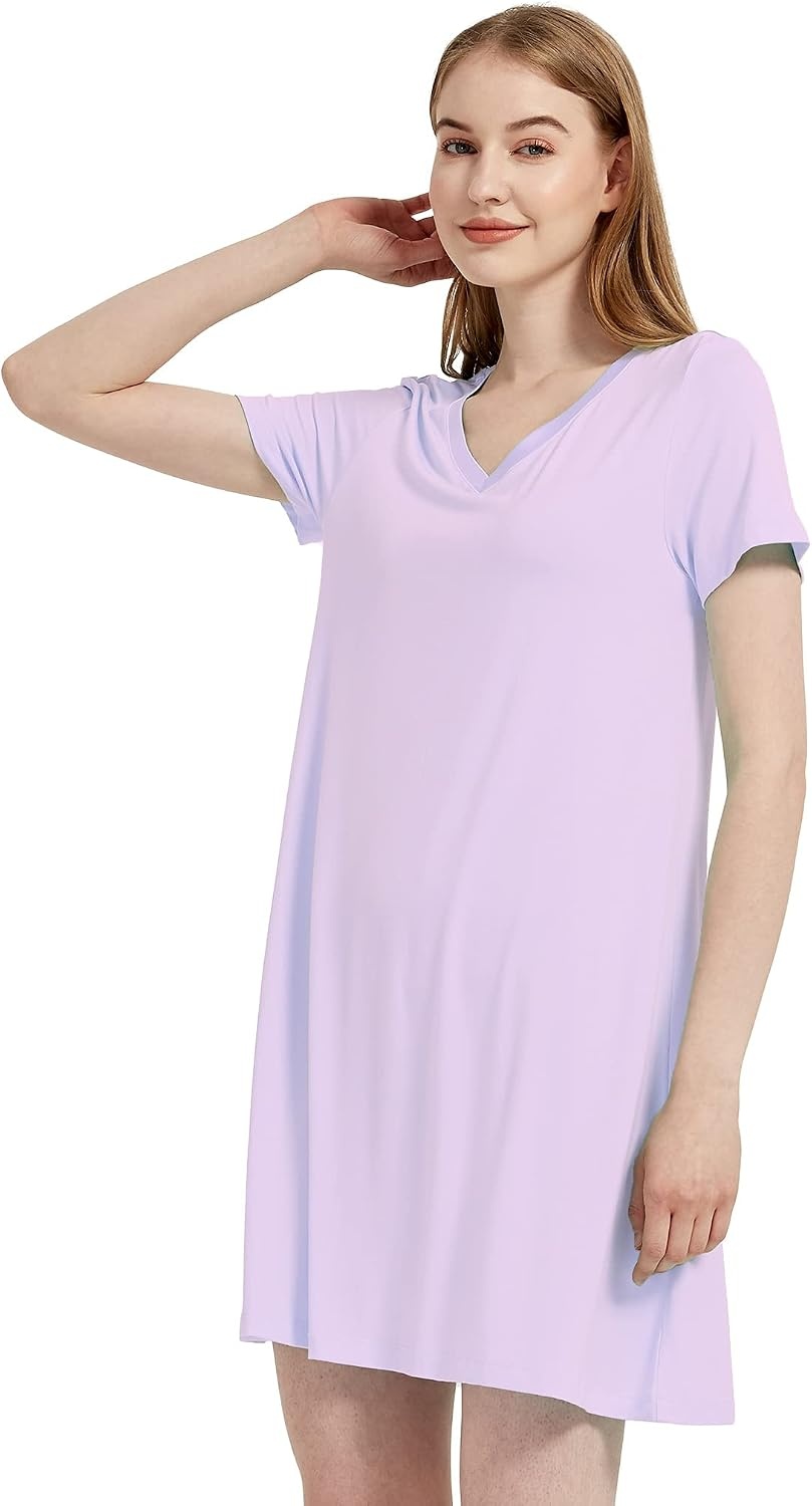 image:imageGYS Cooling Bamboo Viscose Nightgowns for Women MoistureWicking Sleep Dress for Hot Sleepers Night Sweats Soft Short Sleeve Sleepshirts with Satin VNeckTaro Purple