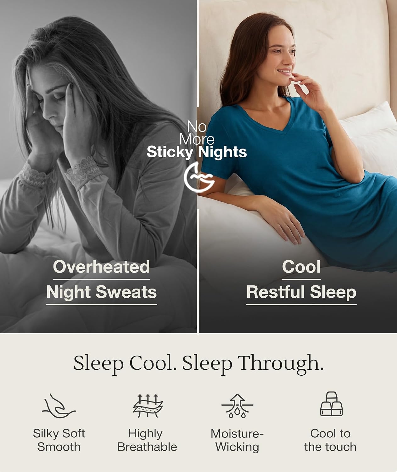 image:imageGYS Cooling Bamboo Viscose Nightgowns for Women MoistureWicking Sleep Dress for Hot Sleepers Night Sweats Soft Short Sleeve Sleepshirts with Satin VNeckTeal Blue